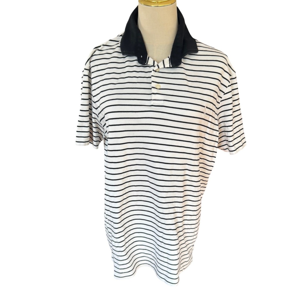 Polo Ralph Lauren Mens Large White Black Striped Short Sleeve Polo Shirt Cotton